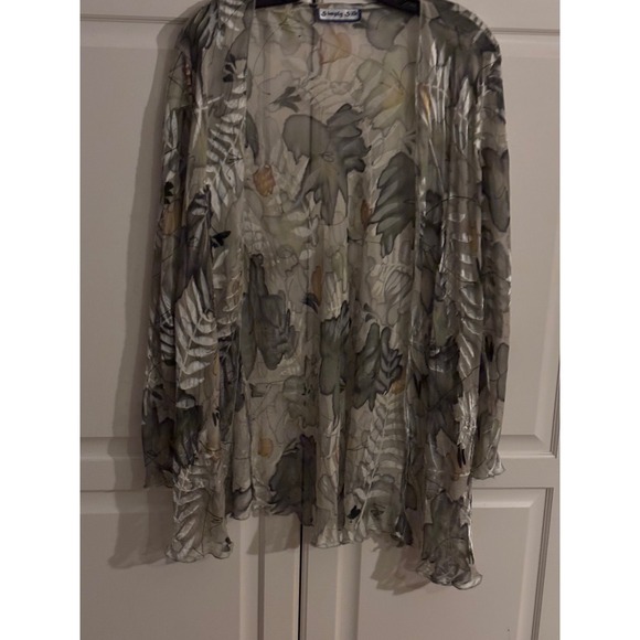 Simply Silk Cardigan Duster Floral Leaf Print Sheer Green Gray Cover Up silk - Picture 1 of 4